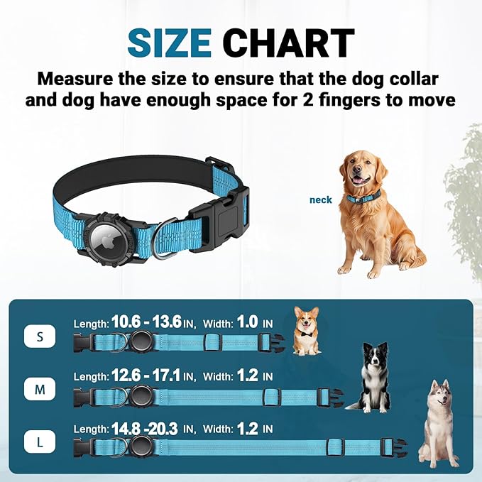 IP68 Waterproof AirTag Dog Collar ??Heavy Duty Reflective Padded Design with Integrated AirTag Holder for Small, Medium & Large Dogs ??Comfortable & Durable, Size M (12.6"-17.1"), Blue