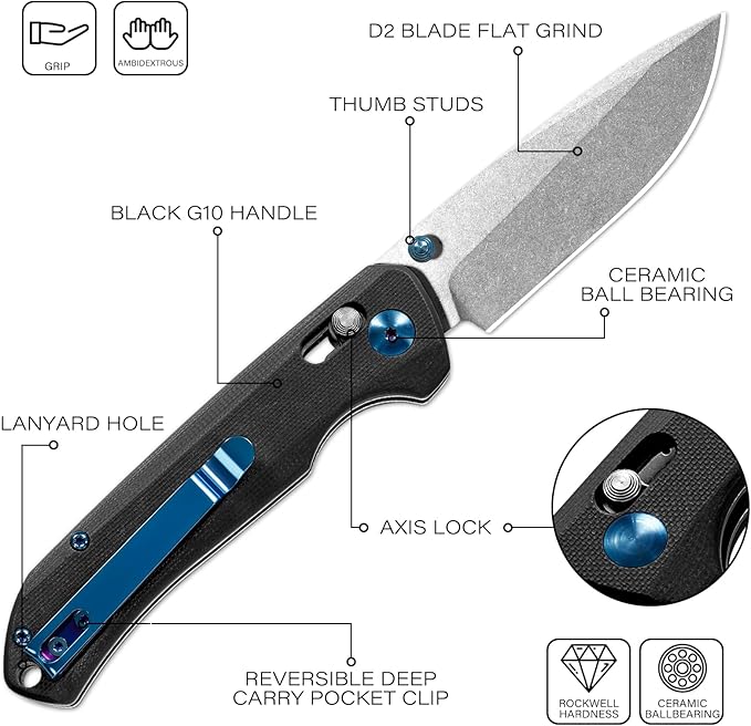 Axis Lock Folding Pocket Knife with Clip, 3.46" D2 Steel Drop Point Blade and G10 Handle, Crossbar Lock Knives for Men Women Camping Hiking Survival Pocketknife