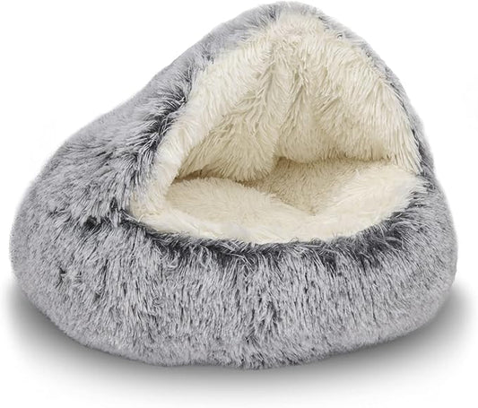 ShinHye Plush Fluffy Hooded Cat Bed Cave, Cozy for Indoor Cats or Small Dogs - Waterproof, Washable, 2626inch, Grey