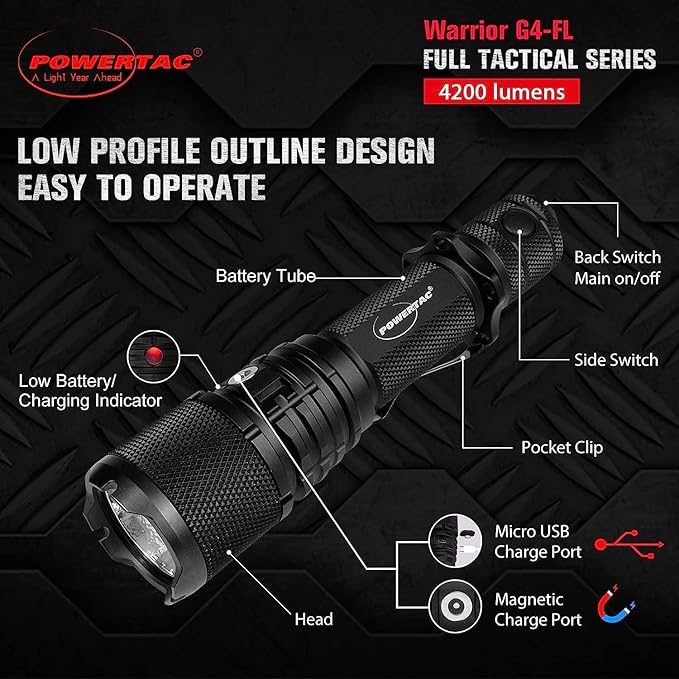 Powertac Warrior G4-FL 4200 Lumen (Wide Beam) Tactical Handheld Flashlight High Lumen, Waterproof, USB Rechargeable Flashlight and Dual-Charging Magnetic Police Duty LED Flashlight