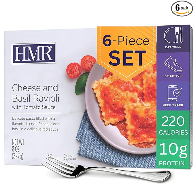 HMR Cheese and Basil Ravioli Entrée | Pre-packaged Lunch or Dinner | Ready to Eat | Vegetarian | 10g of Protein | Low Calorie Food | 8oz Serving per Meal | Pack of 6