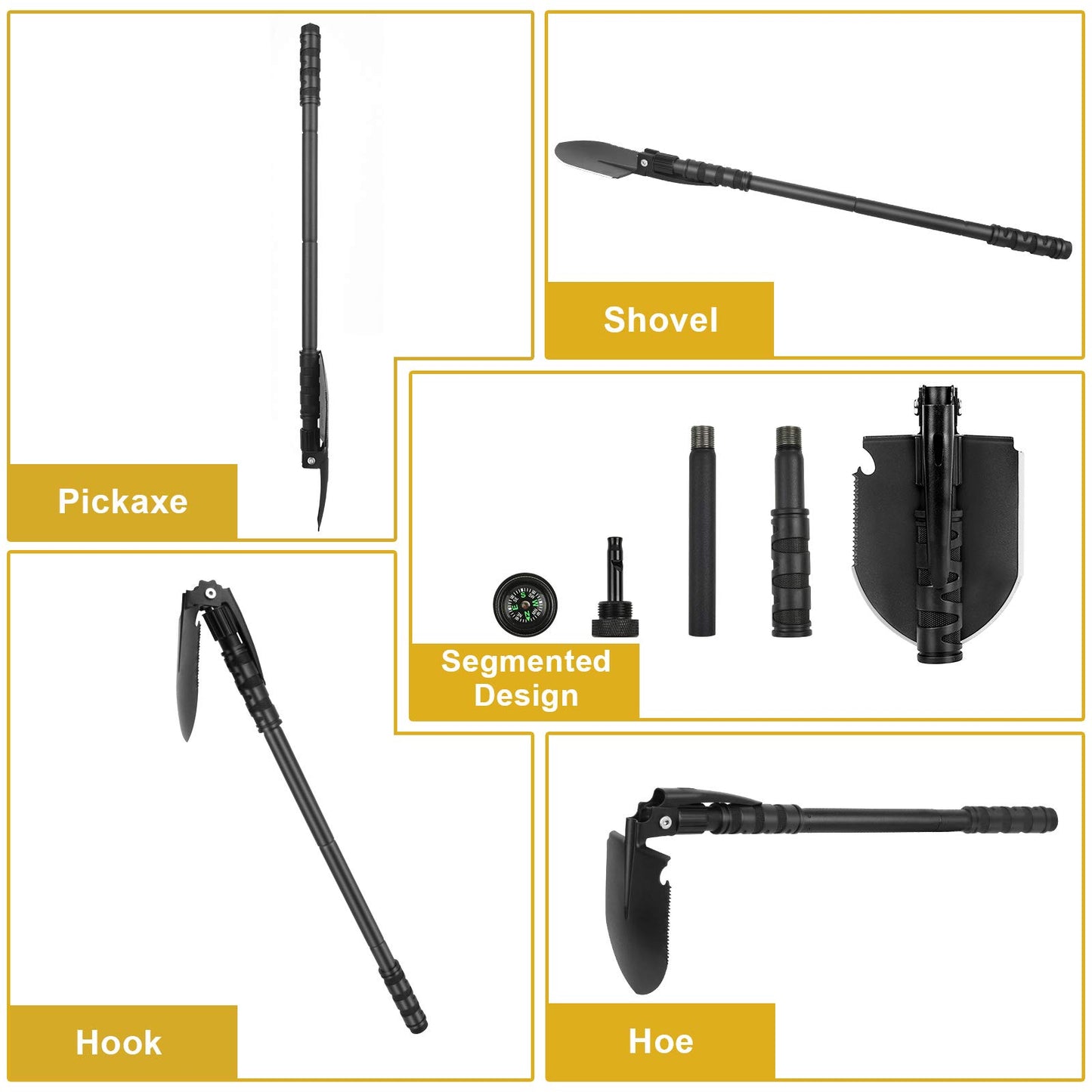 Yeacool Camping Shovel, (24.21'') Survival Off Road E Tool Folding Shovel with Pickaxe, Portable