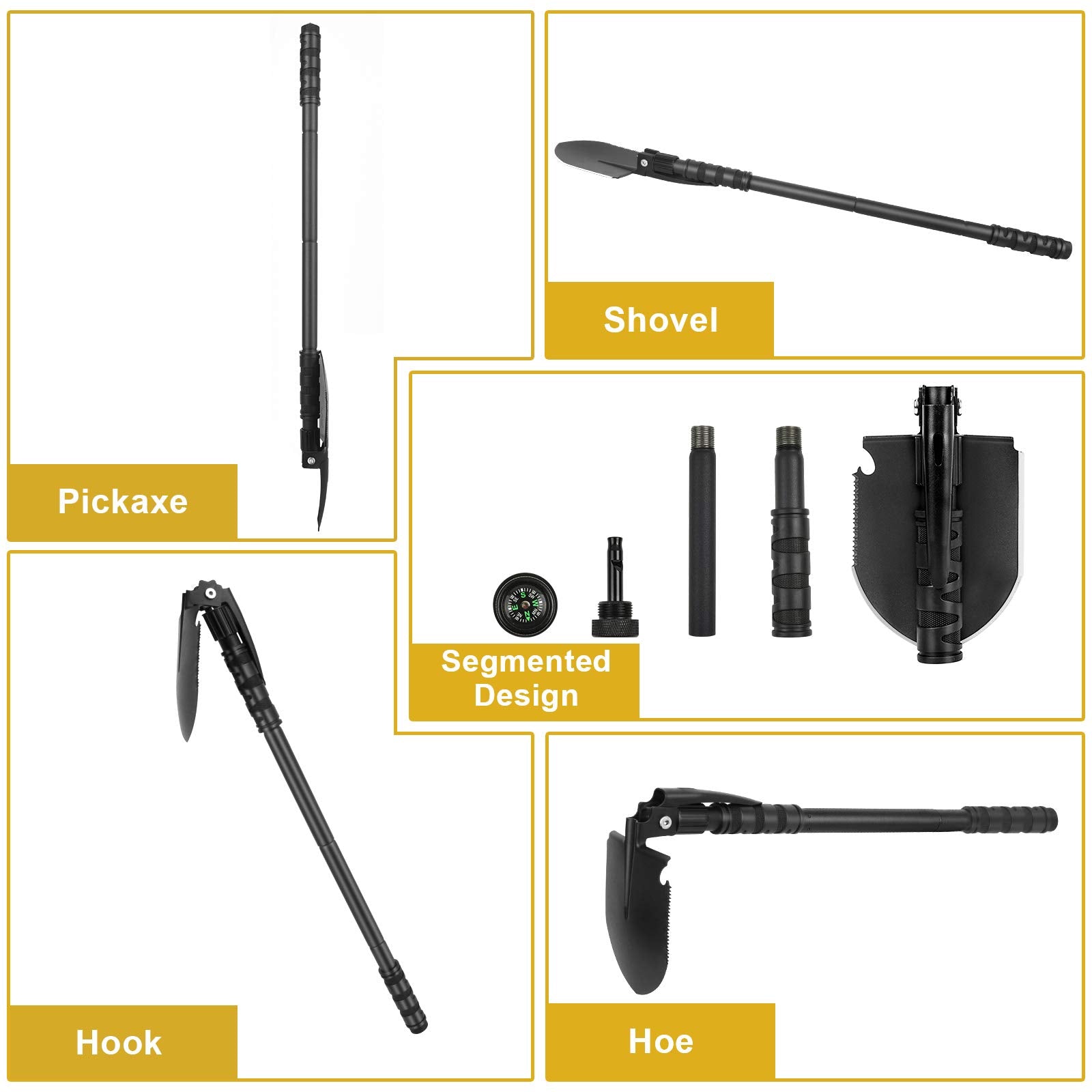 Yeacool Camping Shovel, (24.21'') Survival Off Road E Tool Folding Shovel with Pickaxe, Portable