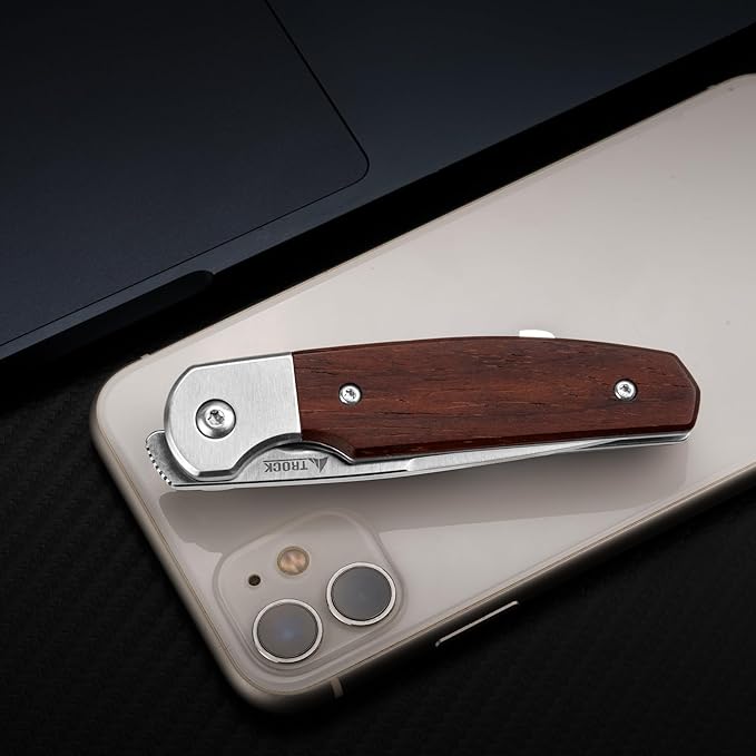 Small EDC Knife 2.8", Pocket Knife D2 Steel Point Blade Wood Handle - flipper Folding Knife for Men Women - Daily Carry Office Camping Hiking