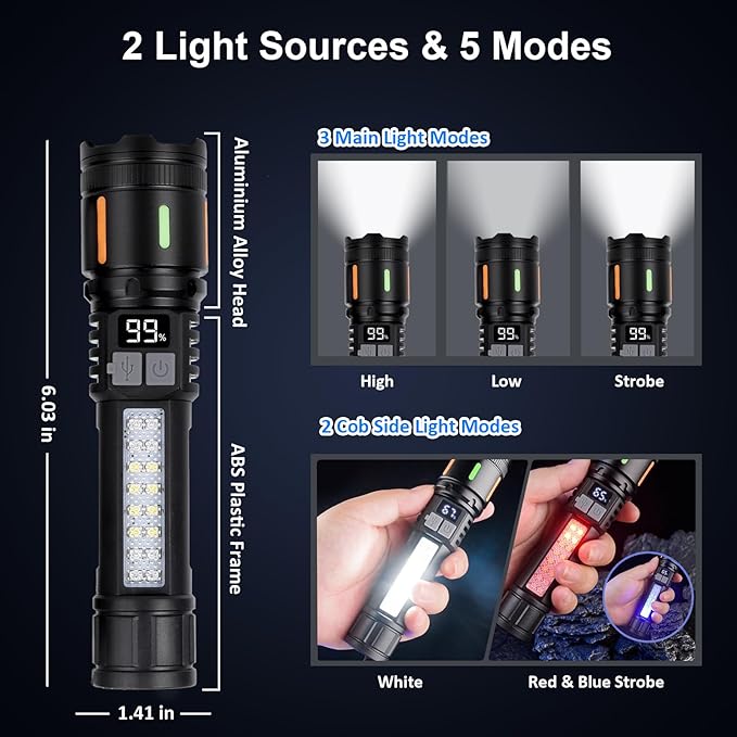 Flashlights High Lumens Rechargeable 3 Packs, 900,000L Led Flashlight Battery Powered with 5 Light Modes, Side Light, USB C, Zoomable, Blue & Red Strobe, Handheld Flash Lights