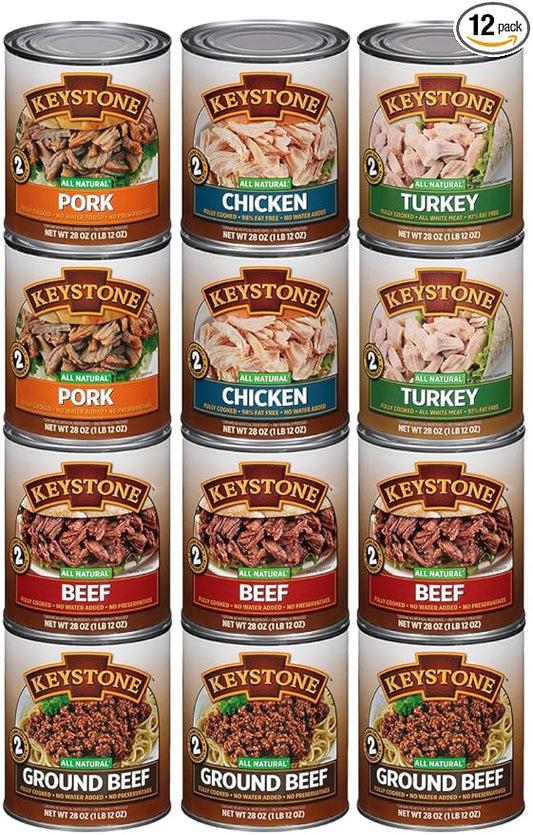 Keystone Meats Variety Pack – 12 Cans of All Natural Fully Cooked Canned Meat (3 Beef, 2 Chicken, 2 Turkey, 2 Pork, 3 Ground Beef) – Shelf-Stable, Ready to Eat – 5-Year Shelf Life – Pantry Staple for Camping, Hiking & Emergency Meals – Made in USA