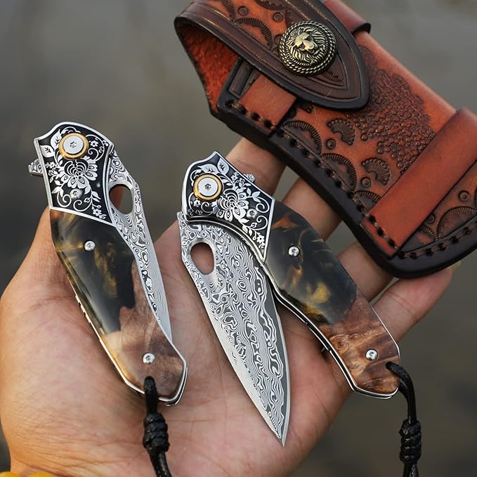 handmade Japan Damascus steel pocket knifeï¼?.1" VG10 blade men and women Folding knife，With holster，Lining lock，resin and Maple handle，Suitable for EDC outdoor camping，go fishing hunting