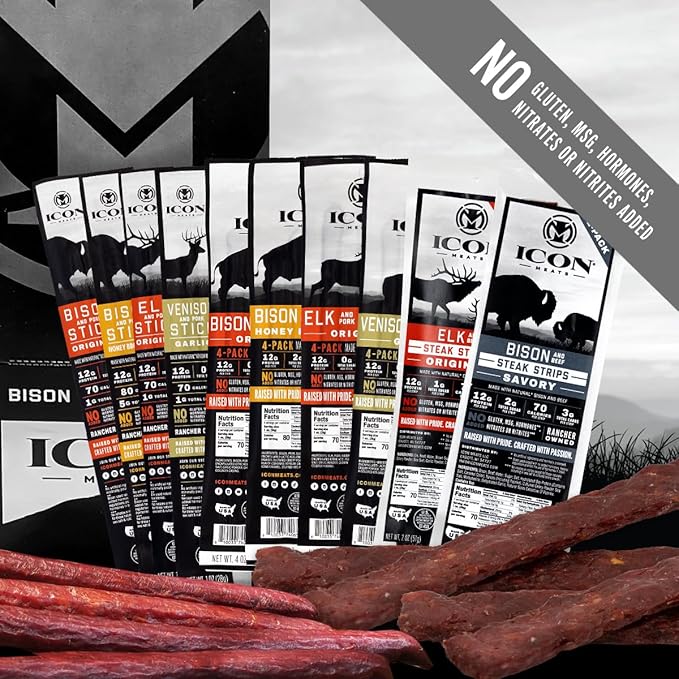ICON Meat Stick and Steak Strip Sampler Gift Box - 10 Snacks Per Box - Assorted Flavors of Bison, Elk, Venison, Beef and Pork Jerky Sticks and Strips - USDA Approved, All Natural Artisan Meats