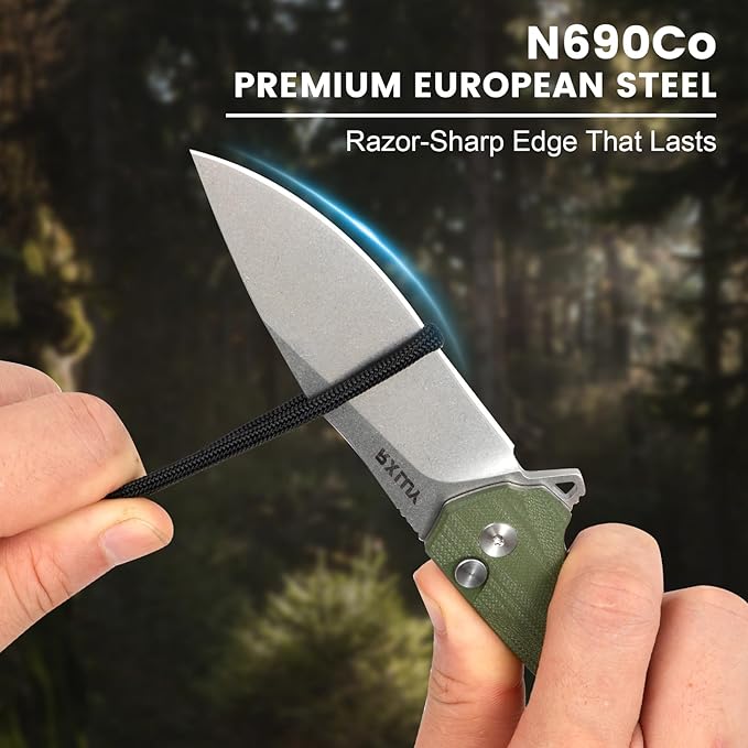 Folding Pocket Knife with Leather Sheath, 3.47" N690Co Premium Steel Blade G10 Handle Knives, EDC Small Folding Knife for Men Women, Outdoor Survival Camping Hiking Knife (Green)