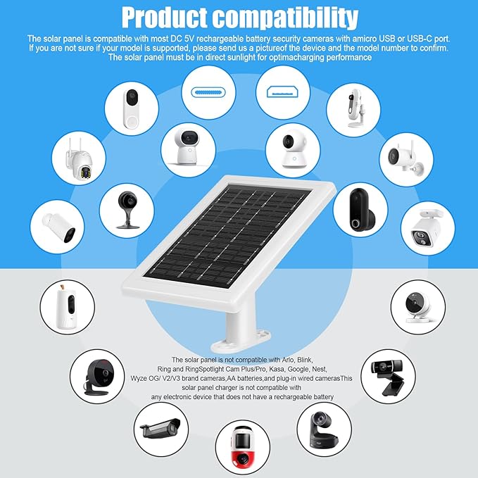 Solar Panel Charger,Solar Panels for Security Camera, Solar Panel with Micro USB & USB-C Port for 5V Outdoor Rechargeable Battery Camera, IP65 Waterproof, 16.4ft Cable(3 Pack, White)