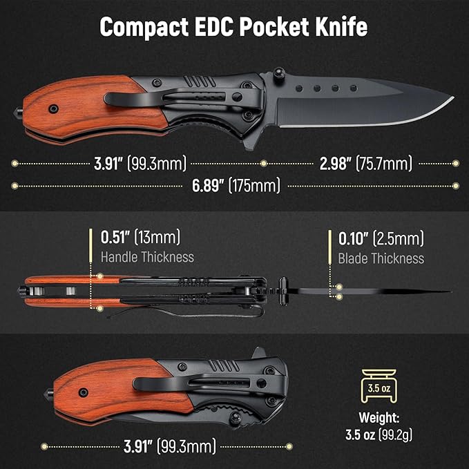 Pocket Knife for Men - 2.98" Sharp Blade Wood Handle Pocket Folding Knives with Clip, Glass Breaker - Small EDC Knives for Survival Camping Hunting Fishing Hiking Women, Black