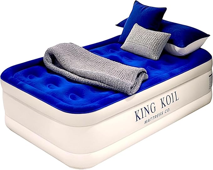 King Koil Luxury Twin Air Mattress with Built-in Pillow Top & Integrated High-Speed Patented Pump ??20" Inflatable Twin Blow Up Airbed for Camping, Home & Guests, Waterproof, 1-Year Warranty
