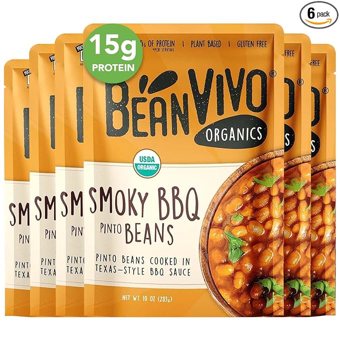 BeanVIVO (Pack of 6) Organics 15g Plant based Protein BBQ Pinto Beans - Good Source of Fiber - Nutritious & Microwave Meals - Gluten-Free Plant Food - 10 oz