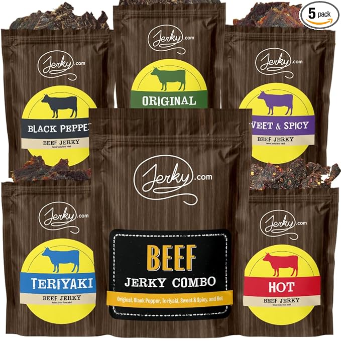 Jerky.com Beef Jerky Combo - Featuring Flavors Hot, Teriyaki, Original, Sweet & Spicy, Black Pepper - Gourmet Snack Gift for Men (5 Flavors - 2.5 oz. bags)