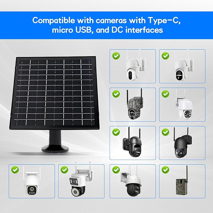 Solar Panel for Security Camera IP65 Waterproof USB 5V 6W Solar Panel Charger Type-C Port?�Micro USB Port＆DC Port Solar Sanels for Cameras with 9.8ft Charging Cable Charging Power(1 Pack Black)