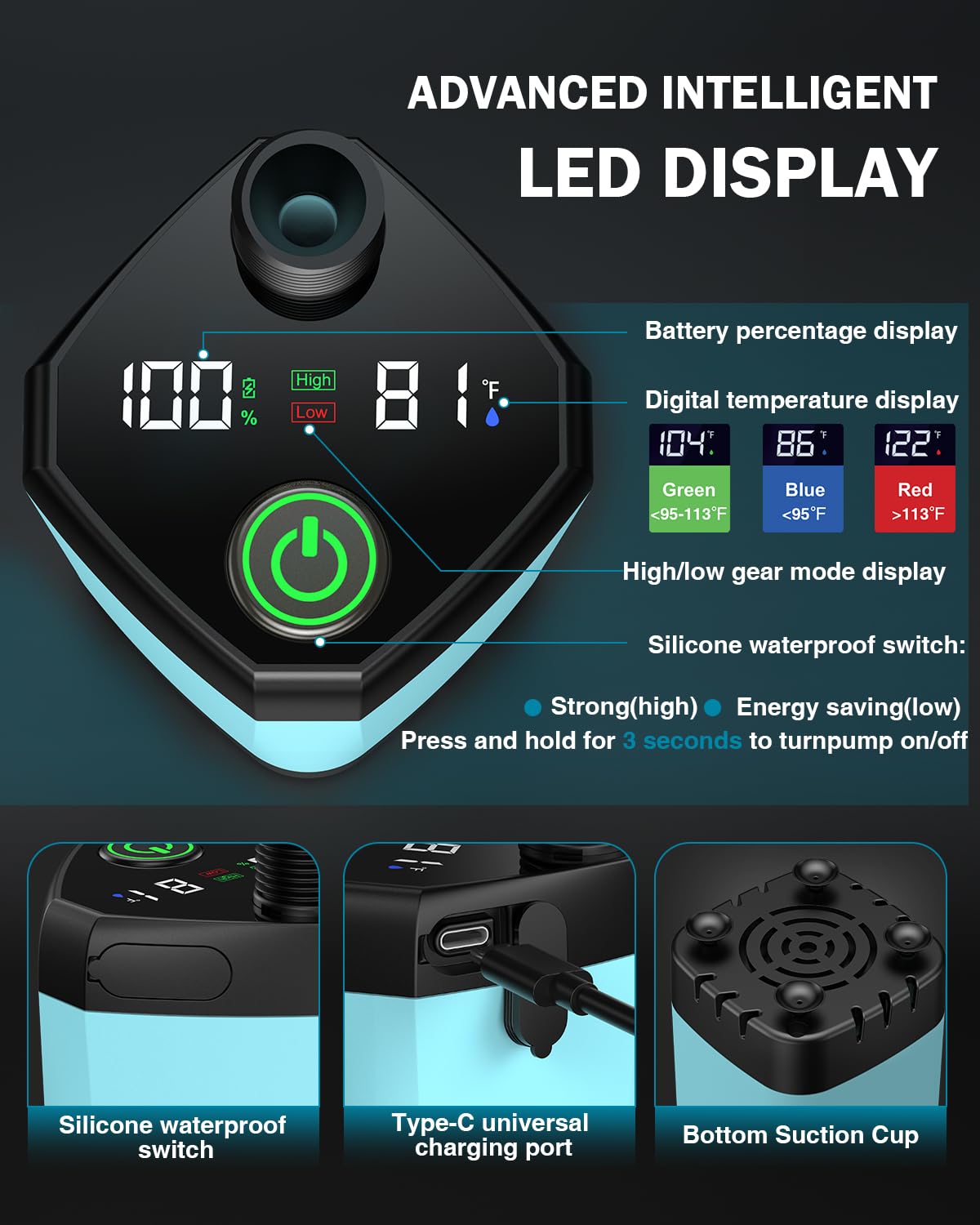 Portable Camping Shower, 6000mAh with LED Display, Camp Shower with 5 Gallons Collapsible Bucket, 3