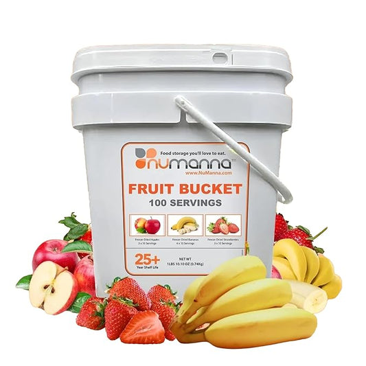 Numanna Freeze-Dried Fruits Bucket ??100 Servings, 2 lbs | Apples, Bananas & Strawberries | Healthy Snack for Everyday Use, Emergency & Survival Meals | Durable Packaging, 25+ Year Shelf Life | Made in USA