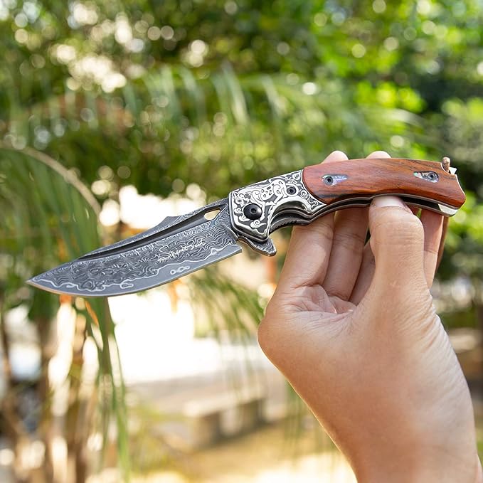 Handmade Japanese VG10 Damascus Steel Folding Knife,Rosewood Liner Lock Handle, Leather Sheath,EDC Pocket Knives for Men Outdoors Camping Fishing