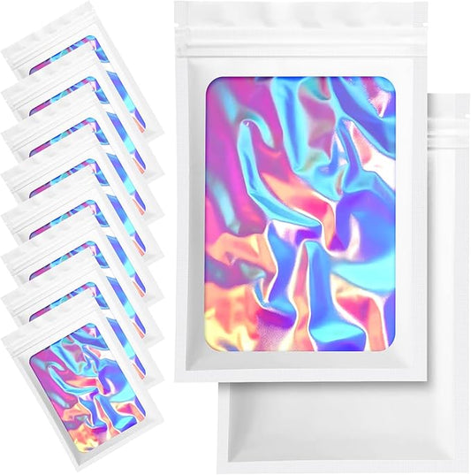 100 Pack Holographic Packaging Resealable Bags for Small Business -4 x 6 Inch Pouch Bags for Lipgloss Jewelry Cookies Sample - White