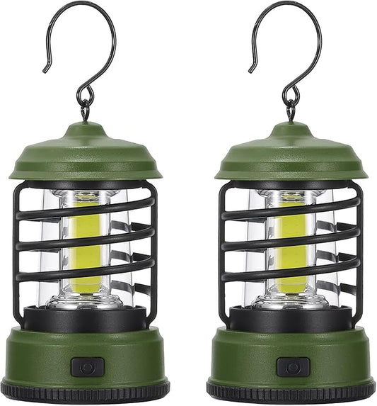PATIKIL LED Camping Lantern, 2 Pack Vintage Lantern 2 Light Modes Portable Battery Powered Hanging Outdoor Tent Light for Camping, Hiking, Fishing, Dark Green 5.91 Inch