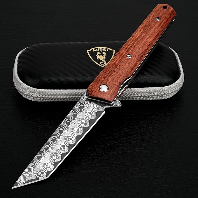 AUBEY Damascus Pocket Knife for Men, Sharp Tanto Blade with VG10 Core Folding Knives with Wooden Handle and Glass Breaker for EDC Camping Gift Collection