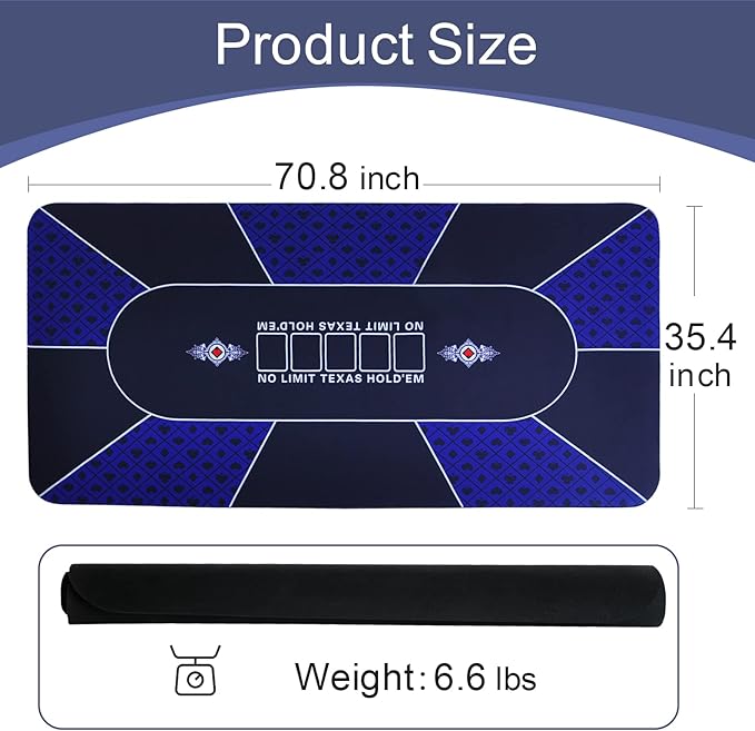 CONTINUE Poker Table Top Layout - Texas Hold'em Poker Mat for 8-10 Players, Anti-Slip Rubber, Blackjack, Casino - Blue