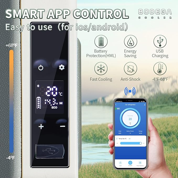 BODEGACOOLER 12 Volt Car Refrigerator, Electric Cooler Portable Freezer WIFI APP Control, 32Quart(30L) RV Car Fridge-4℉-68℉, 12/24V DC100-240 Volt AC for Outdoor Camping Travel Vehicles Home Use