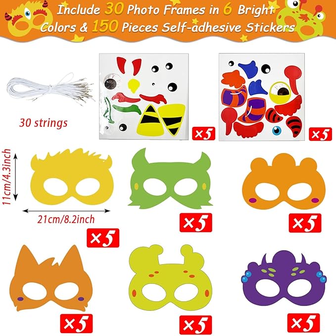 chiazllta 30 Packs Halloween Monster Masks Craft, Halloween Art Craft Kit DIY Paper Masks for Home Game Activities Party Favors