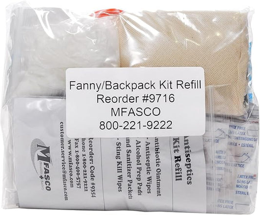 MFASCO First Aid Kit Refill - Basic First Aid Supplies for Fanny Packs, 100 Pieces - Fill Small Office Desk Kits, Medium Size First Aid Kits, Backpacks, Outdoor Kit - Premium Assembled in USA