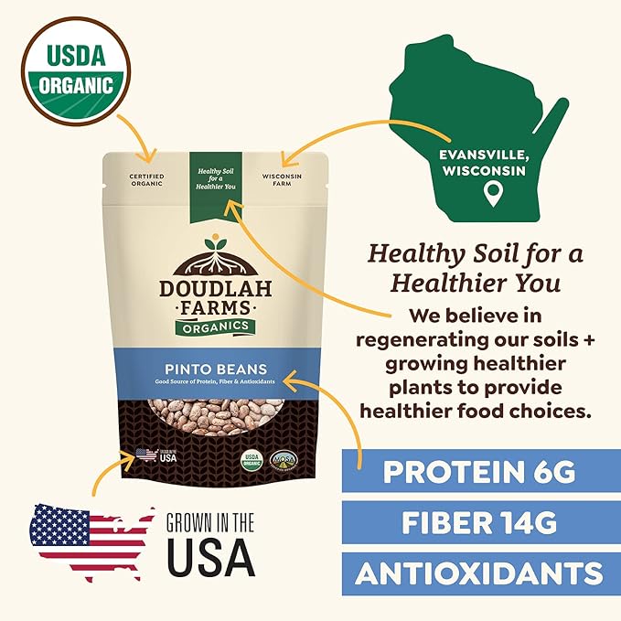 Organic Dried Pinto Beans 1 lb - Non-GMO, Tested Clean Certified, Vegan - Rich in Fiber & Protein for Soups, Burritos, Salads, and Chili - Farmed From Regenerative Soil, Grown In USA by Doudlah Farms