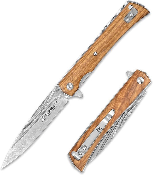 YOUSUNLONG Camping Folding Knife - Hammered Damascus Steel Blade - Italian Olive Wood Cover