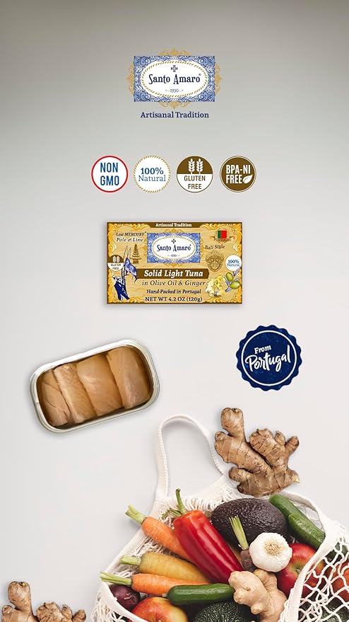 Santo Amaro - Artisanal Wild Tuna Fillets in Olive Oil & Ginger, Pole & Line Wild Caught Tuna from Portugal, Hand-Packed Bali-Style Canned Tuna Fish, 22g Protein, Paleo, Keto, Low Mercury, Pack of 6