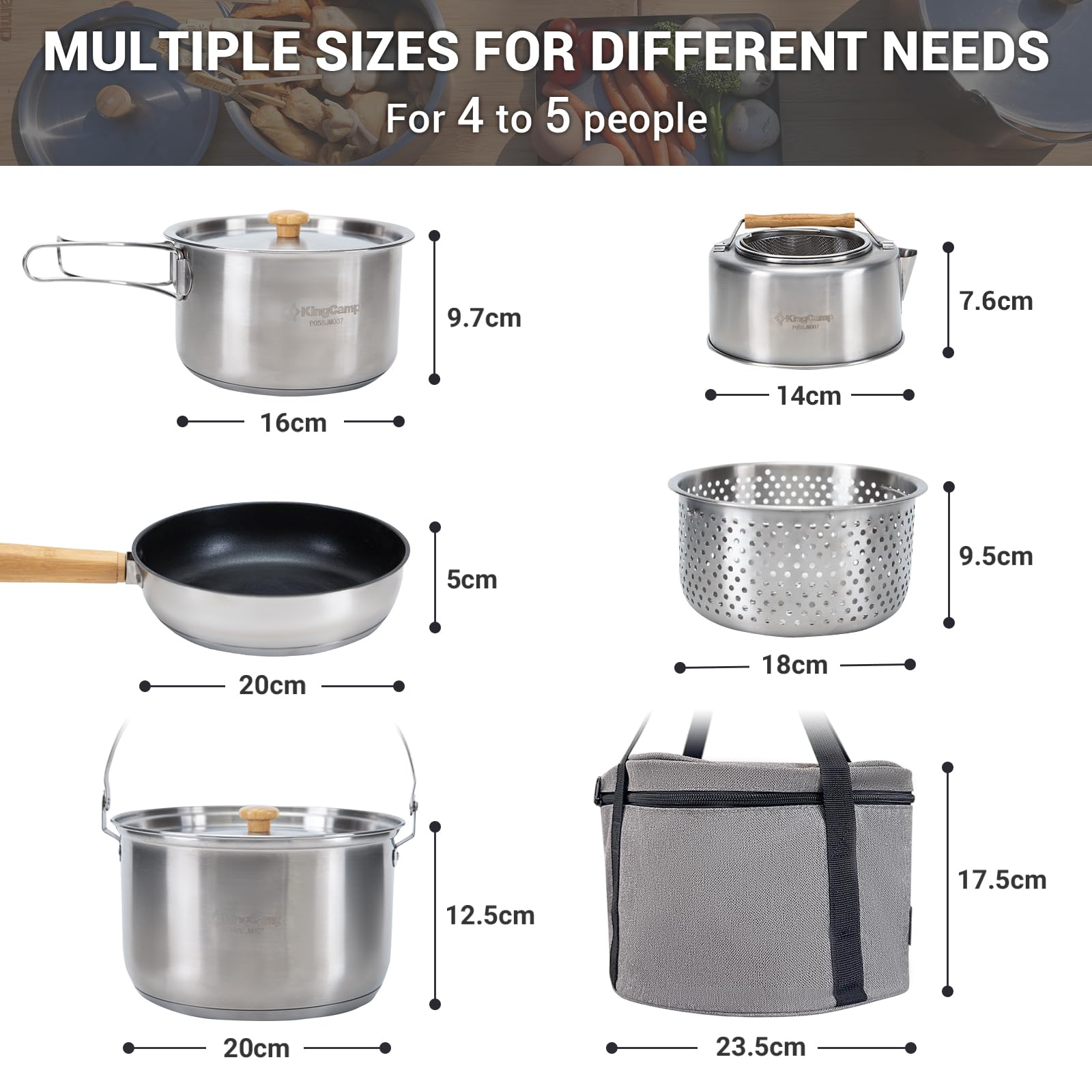 KingCamp Camping Cookware Set, 304 Stainless Steel Camping Pot for 4-6