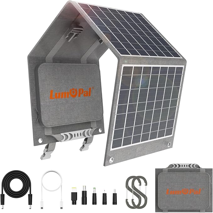 Portable Solar Panel, LUMOPAL 40W Foldable Solar Charger with USB-C PD 40W,5V USB-A QC3.0, DC18-20V Ports for Traveling Camping Backpacking Compatible with Phone iPad Power Station