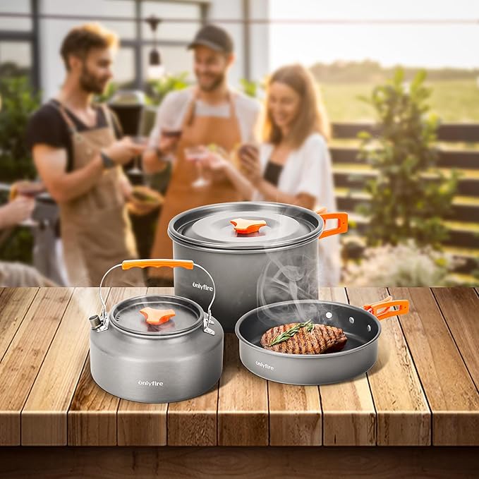 Onlyfire 14pcs Camping Cookware Mess Kit, Non-Stick Lightweight Pot Pan Kettle Set with Plates Forks Knives Spoons for Camping, Backpacking, Outdoor Cooking and Picnic CT604