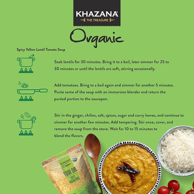 Khazana Toor Dal Split Yellow Pigeon Peas (4lb) - Organic, NON-GMO, Gluten Free & Kosher - Authentic Lentils from India