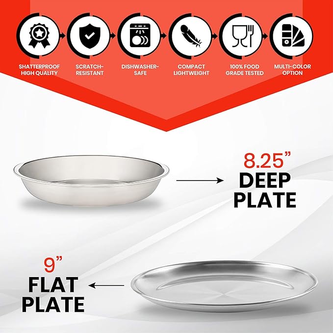 10-Piece Camping Dish Set - Stainless Steel Camp Mess Kit with Mesh Bag for Camping, Backpacking, Hiking - Complete Camping Dinnerware Set with Cup, Plate, Bowl, and Cutlery (with Zipper Cutlery Bag)