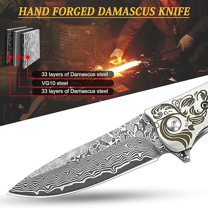 AUBEY EDC Damascus Pocket Knife with Leather Sheath, Abalone Shells Handle, Handmade Damascus Steel Folding Knives with Clip for Everyday Carry, Excellent Gifts for Men Women Hunting