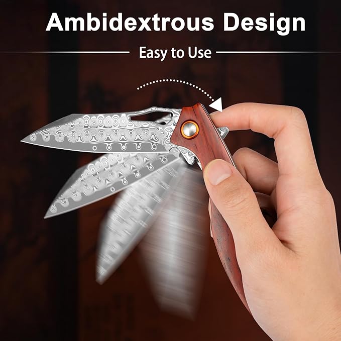 Damascus Pocket Knife 3.5" Damascus Steel Blade Foldable Knives with Wooden Handle EDC Camping Folding Knives for Outdoor Men Women Christmas Birthday Gifts