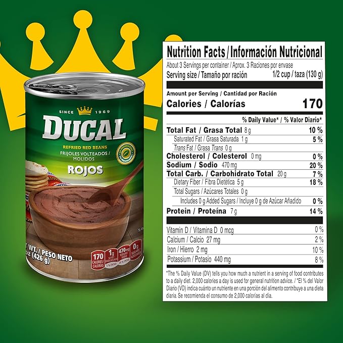 Ducal Red Refried Beans, 15 Ounce (Pack of 24) - Instant Vegetarian Refried Red Beans, Non-GMO And Gluten-Free - Excellent Source in Protein And Iron, Cholesterol Free