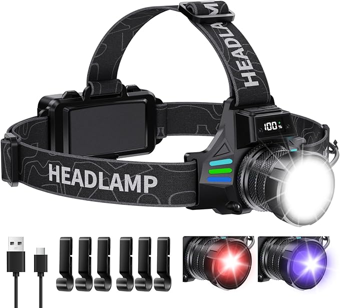 High Lumens Headlamp Rechargeable 1080 with White/Red/UV/Black Light Headlight,Super Bright LED Headlamps Battery Powered,16 Modes Waterproof Head Lamp for Hardhat Hunting Pet Urine Detection