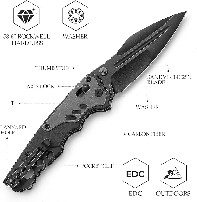 Intruder-05｜Folding Pocket Knife for Men，Heavy Camping EDC Knives with Clip ï¼?.29" PVD Blackwash 14C28N Steel Blade Axis Lock & Washerï¼?Thumb Stud，Ti & Carbon Fiber Handle
