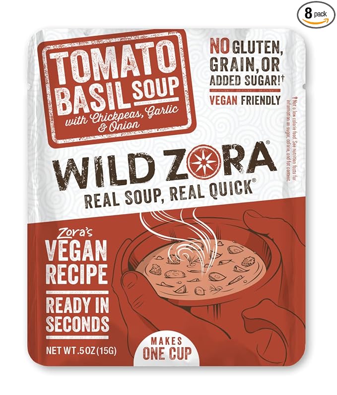 Wild Zora Instant Keto-Friendly Soups Tomato Basil 8-pack Broth Made with Chickpeas, Garlic, Onion, Gluten-Free, Grain, No Added Sugar, Vegan Friendly Flavorful Pantry Staples - 0.5oz/13g