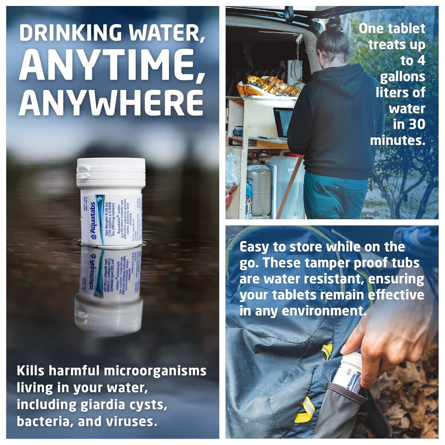 Aquatabs Water Purification Tablets (397mg, 100 Pack). Water Filtration System for Camping