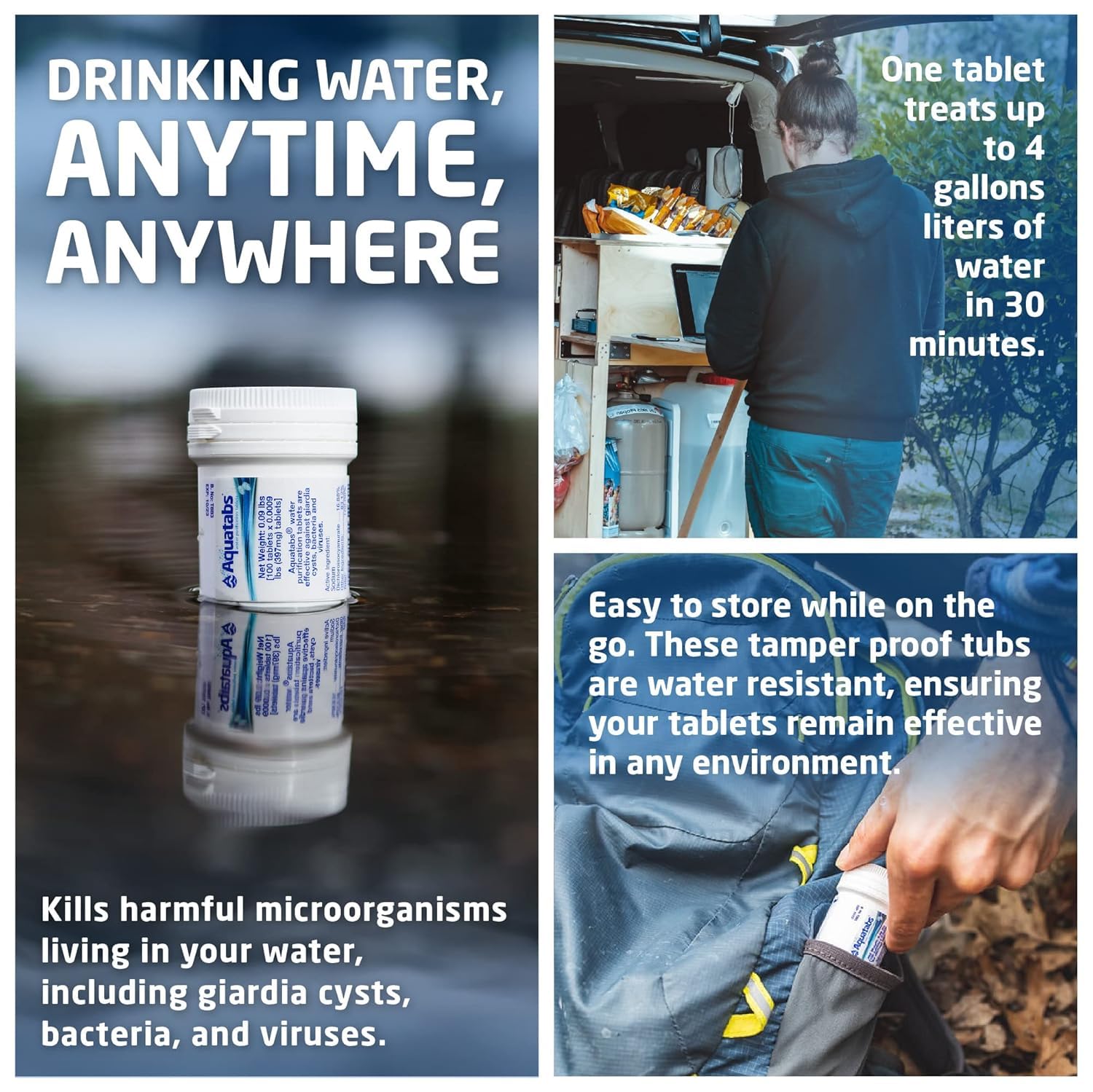 Aquatabs Water Purification Tablets (397mg, 100 Pack). Water Filtration System for Camping