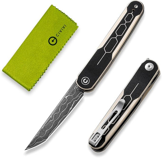 CIVIVI KwaiQ Pocket Knife, Folding Knife with Inline Flipper for EDC, 2.97" Damascus Tanto Blade Two-tone G10 Handle for Women Men C23015-DS1