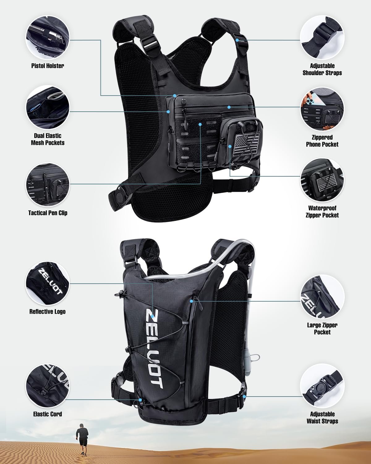 Zelvot Running Vest with 2L Water Bladder, Hydration Backpack, U.S. Design Patent, Lightweight