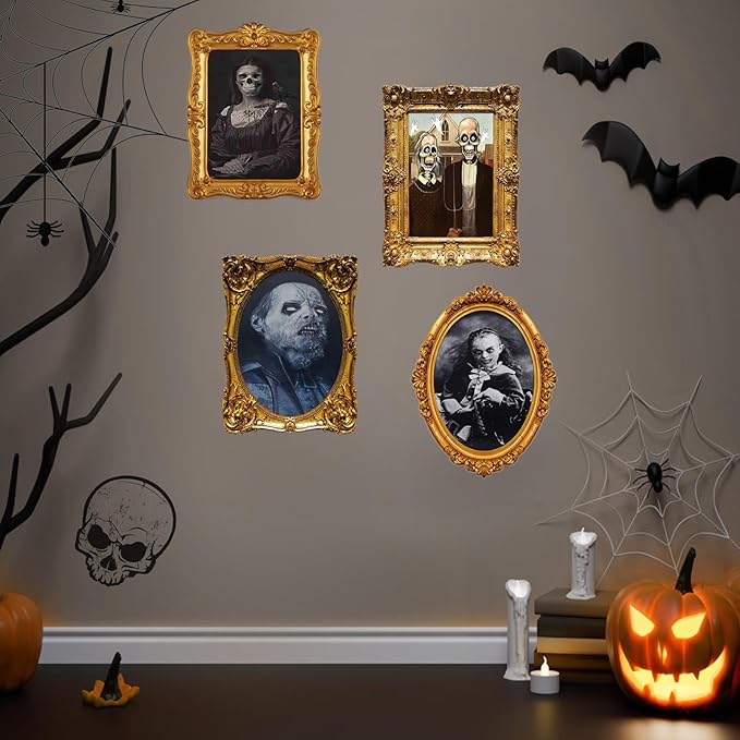 ECGER Halloween Decorations Indoor, Haunted Scary Decor - 3D Changing Face Pictures, Vintage Moving Wall Portraits Frame, For Horror Spooky Party Mansion Castle House Home Decoration(8 Pieces)