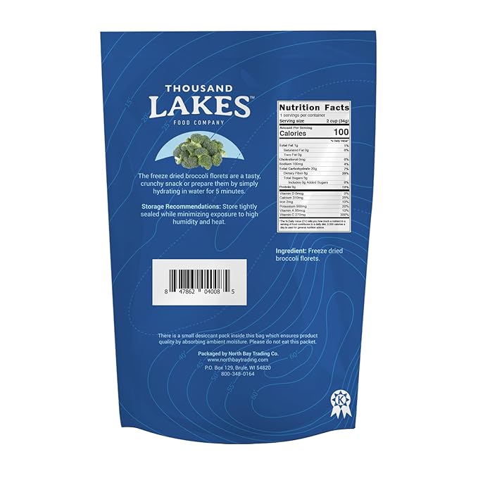Thousand Lakes Freeze Dried Vegetables - Broccoli Florets 2-pack 1.2 ounces (2.4 ounces total) | 100% Florets - No Stems | No Salt Added