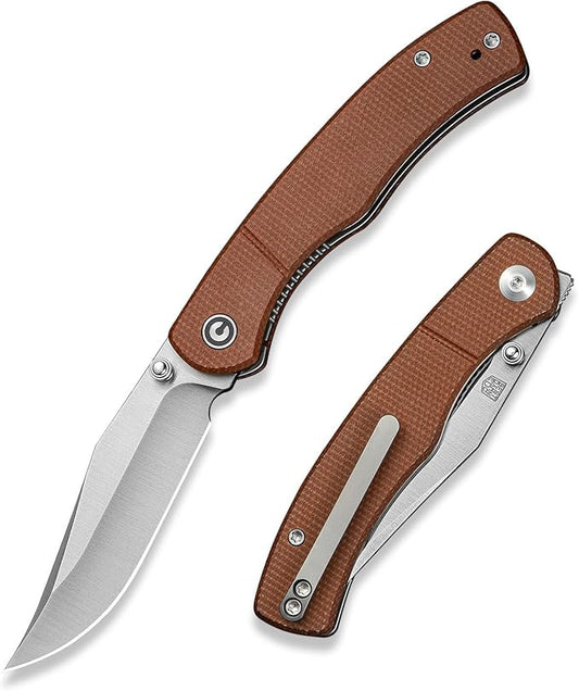 CIVIVI Clingman EDC Pocket Folding Knife with Titanium Reversible Clip, 2.99" Nitro-V Blade Micarta Handle Liner Lock Knife, Gift for Men Women C23065-3 (Brown)